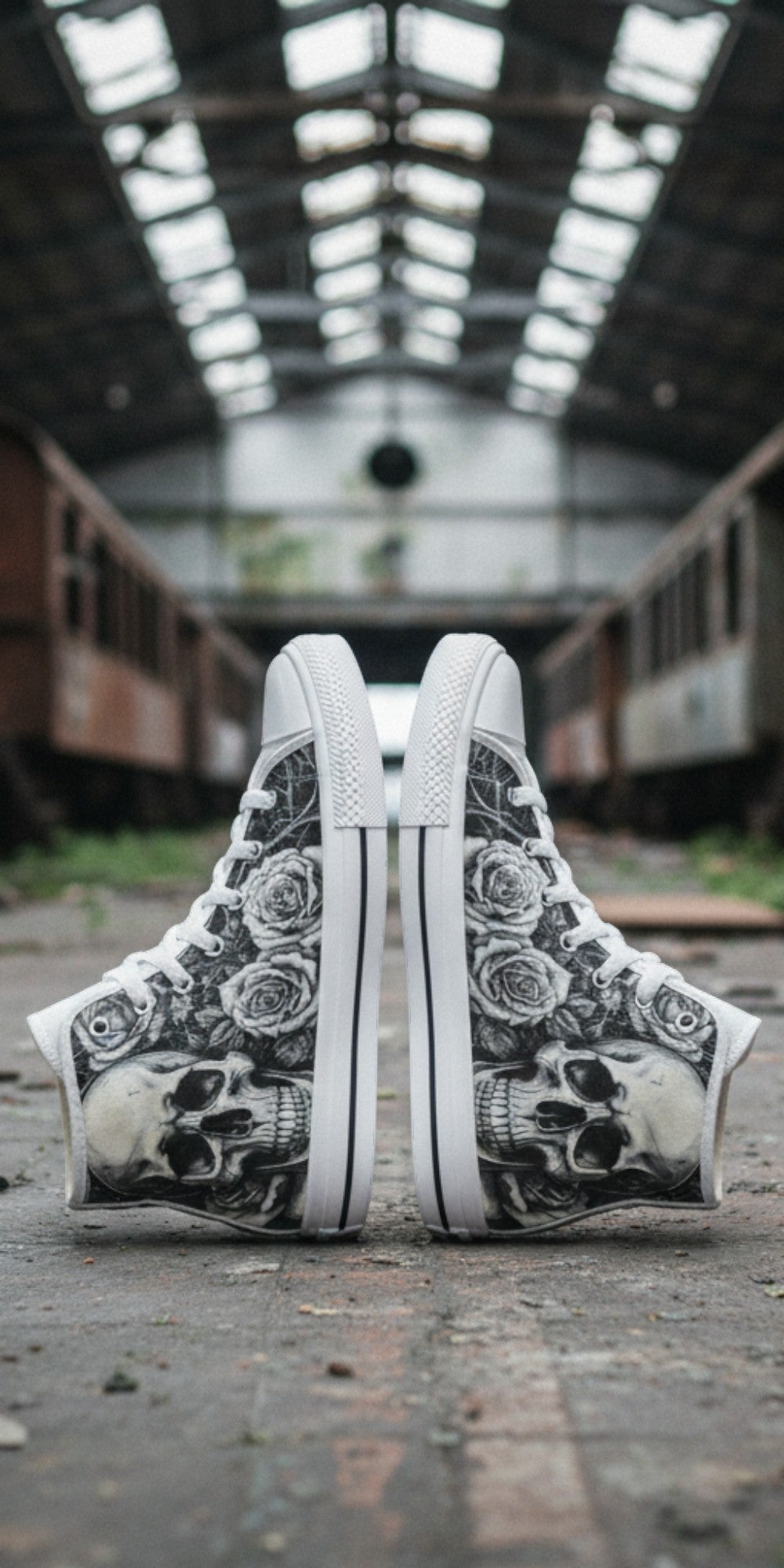 Women's Gothic Skull Dark Art custom high-top canvas shoes — wearable art by Freaky Shoes