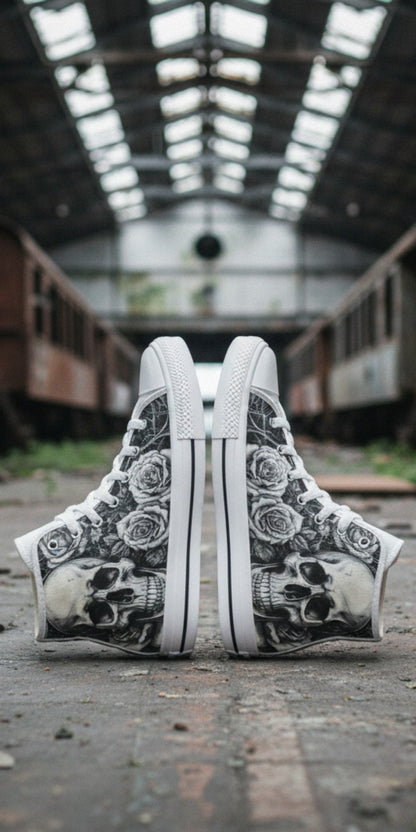 Women's Gothic Skull Dark Art custom high-top canvas shoes — wearable art by Freaky Shoes