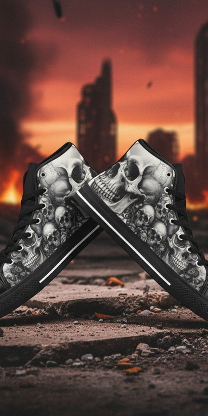 Men's Dark Gothic Moon Skull high-top canvas shoes, custom full-wrap printed design — Freaky Shoes