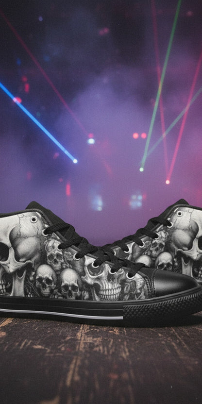 Women's Grey Skull & Moon Dark Gothic custom high-top canvas shoes — wearable art by Freaky Shoes
