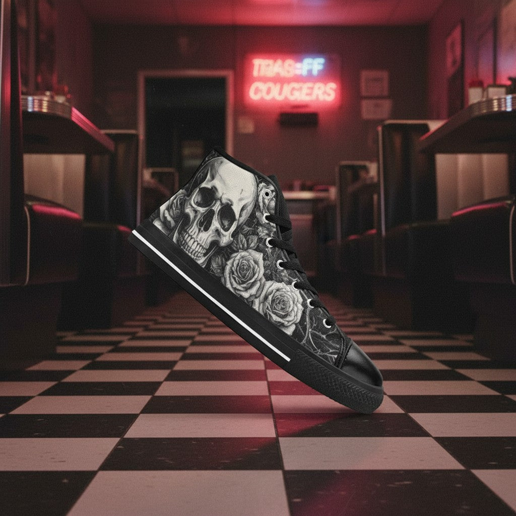 Women's Dark Art Skull Gothic custom high-top canvas shoes — wearable art by Freaky Shoes