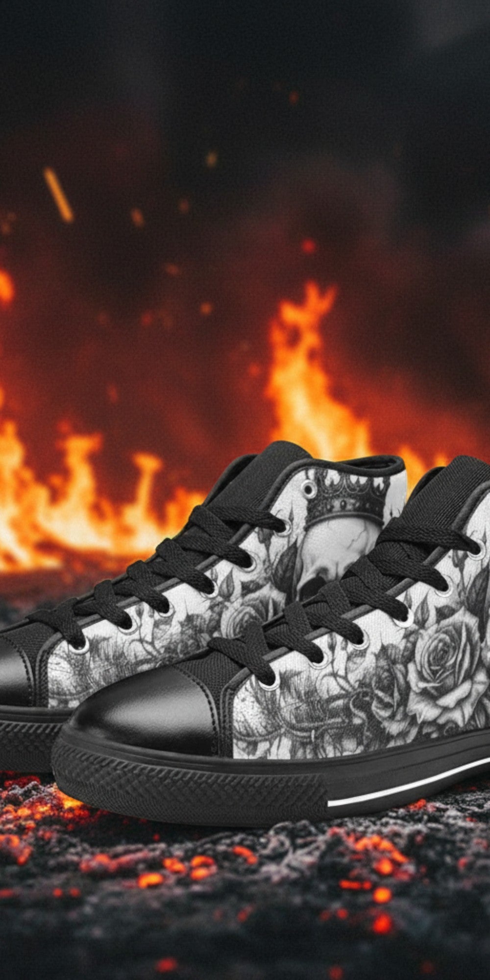 Men's Skull Monochrome Gothic Dark Art custom high-top canvas shoes — wearable art by Freaky Shoes