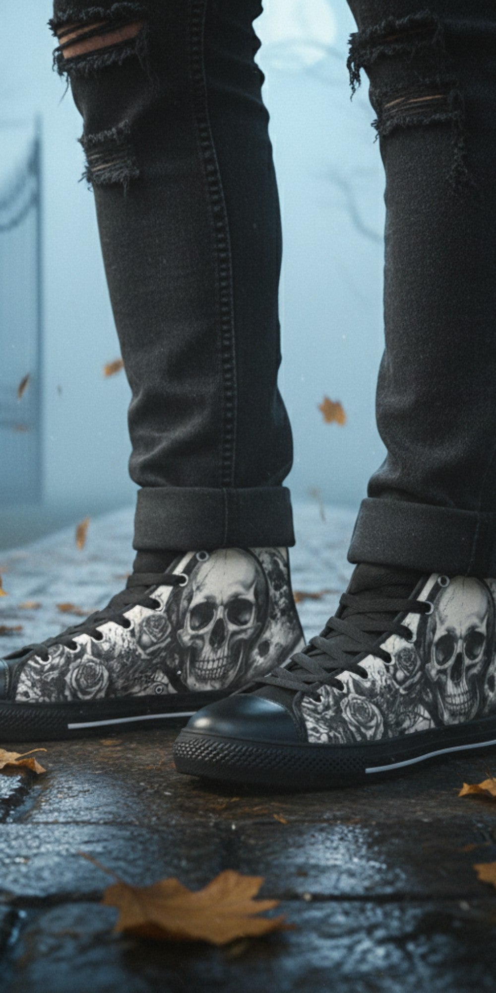Freaky Shoes® gothic high top canvas sneakers featuring a grey skull and rose print, worn with black distressed jeans.