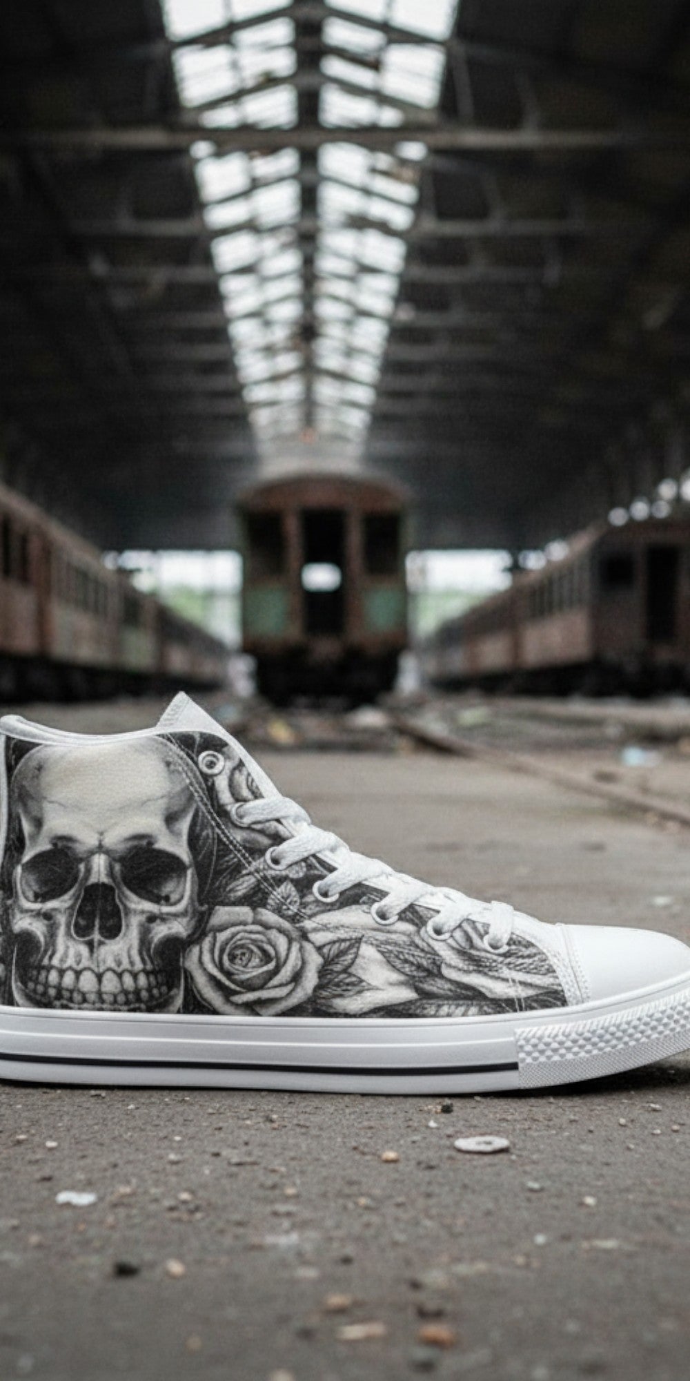 Women's Gothic Skull Dark Art hand-made high-top canvas shoes — unique wearable art by Freaky Shoes