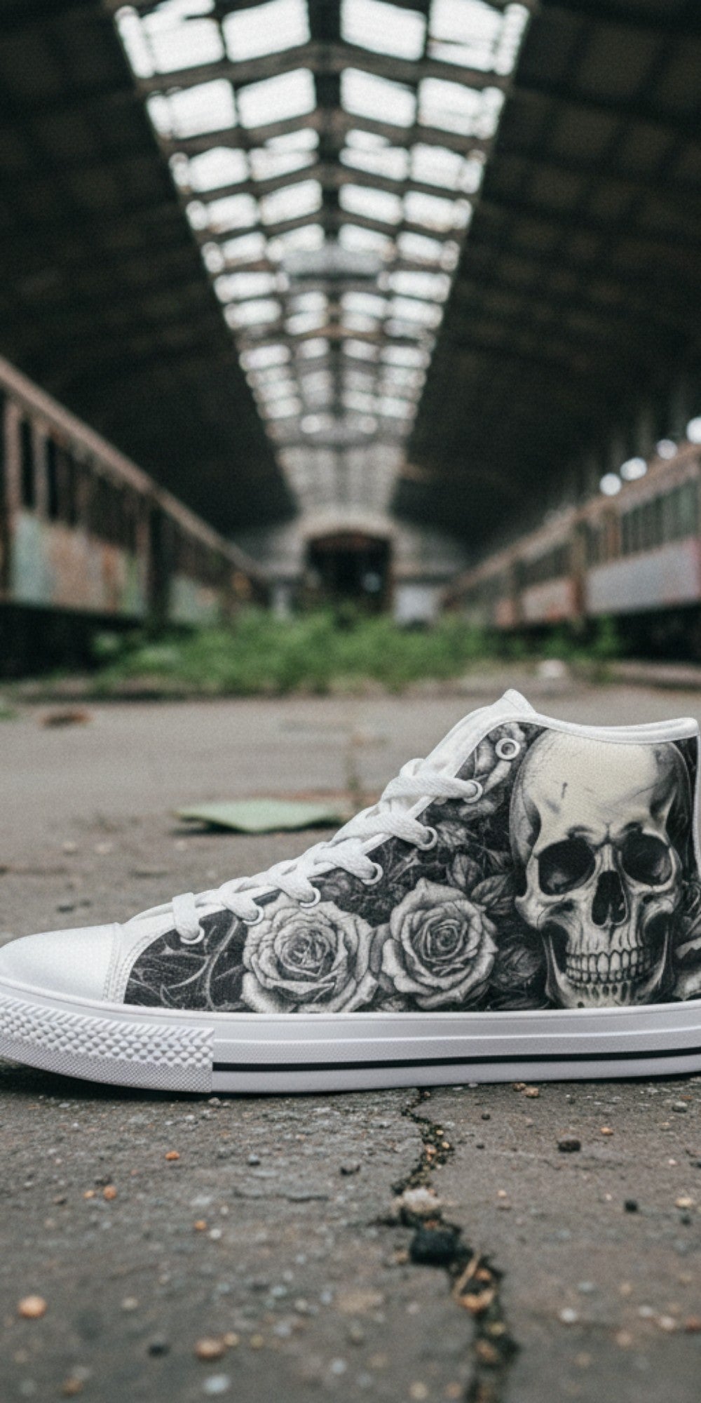 Women's Gothic Skull Dark Art hand-made high-top canvas shoes — unique wearable art by Freaky Shoes