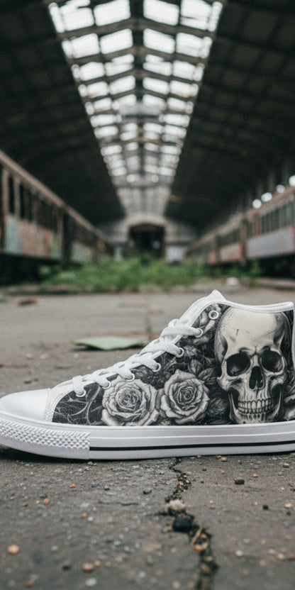 Women's Gothic Skull Dark Art hand-made high-top canvas shoes — unique wearable art by Freaky Shoes