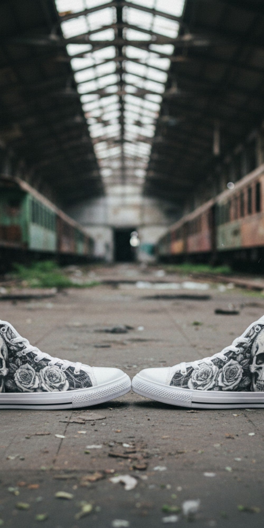 Women's Gothic Skull Dark Art hand-made high-top canvas shoes — unique wearable art by Freaky Shoes