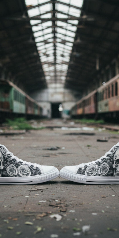 Women's Gothic Skull Dark Art hand-made high-top canvas shoes — unique wearable art by Freaky Shoes