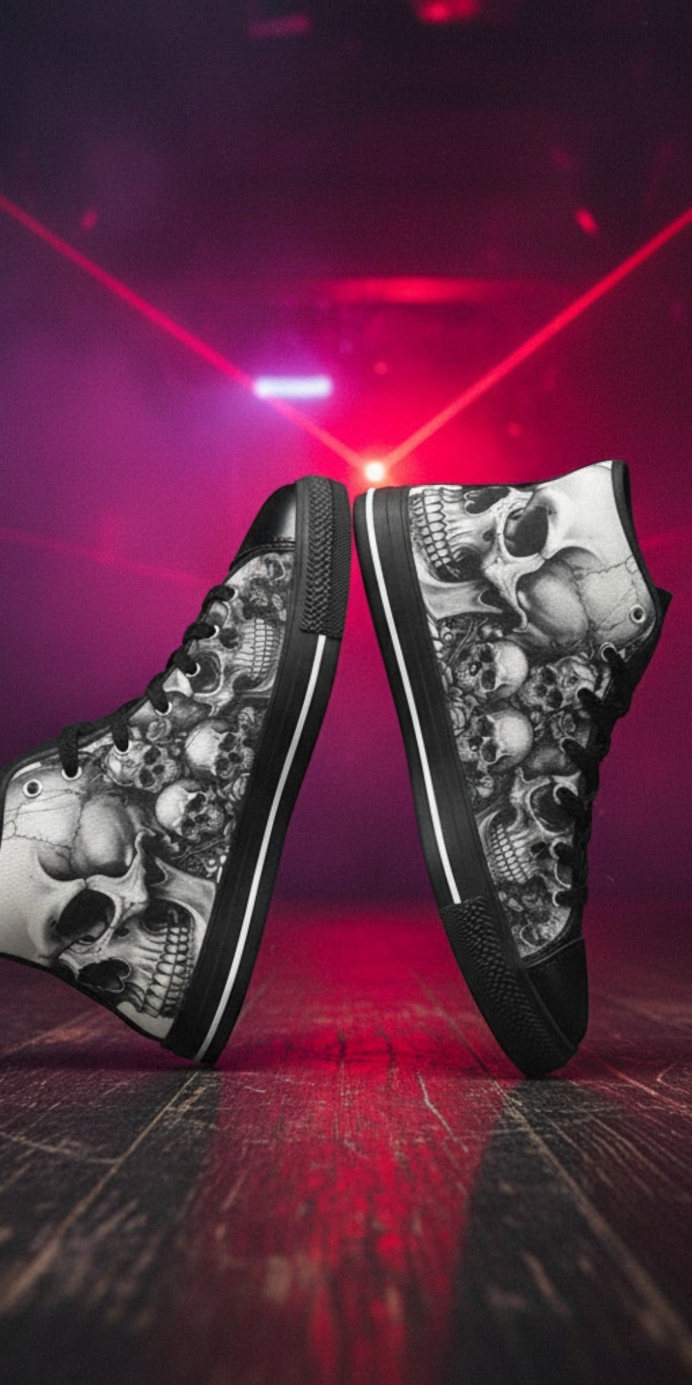 Women's Grey Skull & Moon Dark Gothic high-top canvas shoes, custom full-wrap printed design — Freaky Shoes