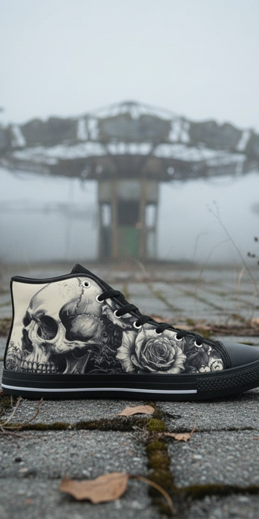 Women's Grey Skull Greyscale Gothic high-top canvas shoes, custom full-wrap printed design — Freaky Shoes