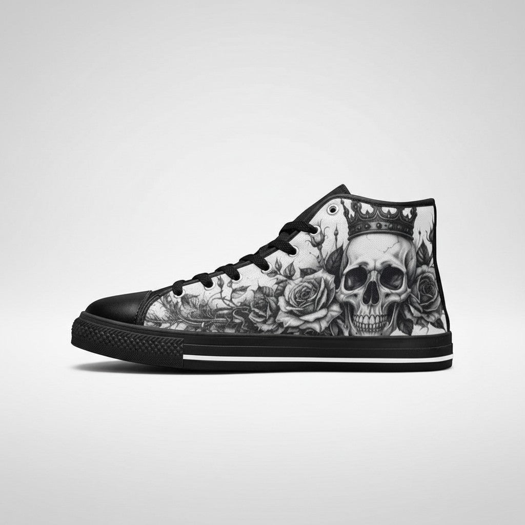 Freaky Shoes® women's high-top canvas sneakers featuring a black and white gothic skull and rose crown art print.
