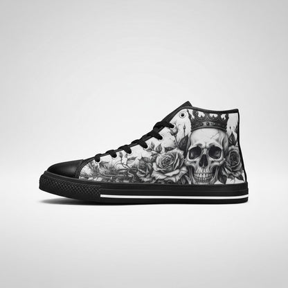 Freaky Shoes® women's high-top canvas sneakers featuring a black and white gothic skull and rose crown art print.