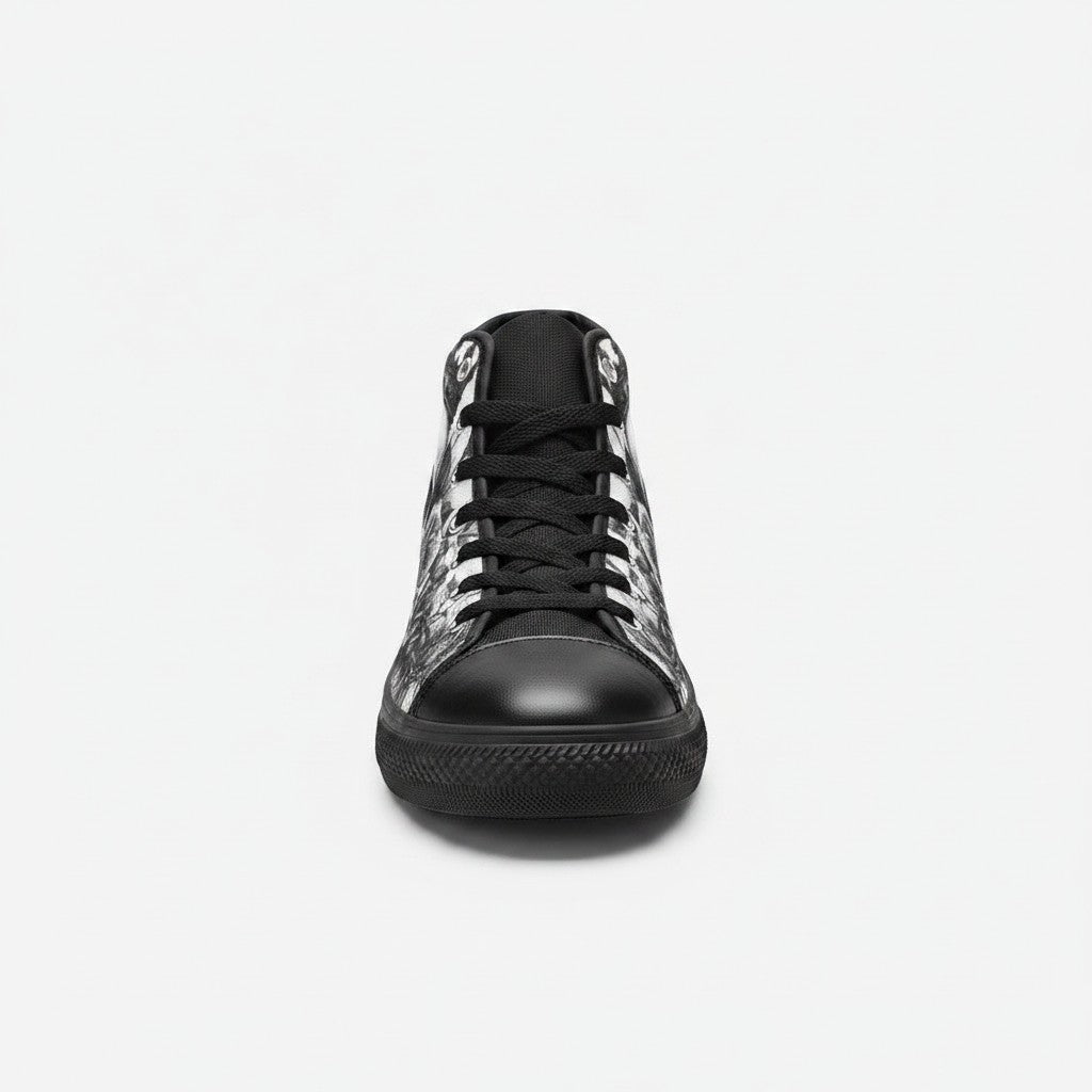Freaky Shoes® women's gothic high-top canvas sneakers featuring a black and white horror skull dark art print.