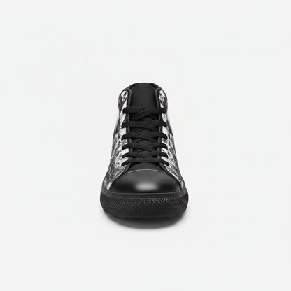 Freaky Shoes® women's gothic high-top canvas sneakers featuring a black and white horror skull dark art print.