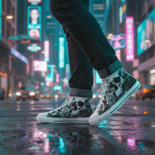 Freaky Shoes® men's gothic high top canvas sneakers featuring a grey and black skull print on a city street at night.
