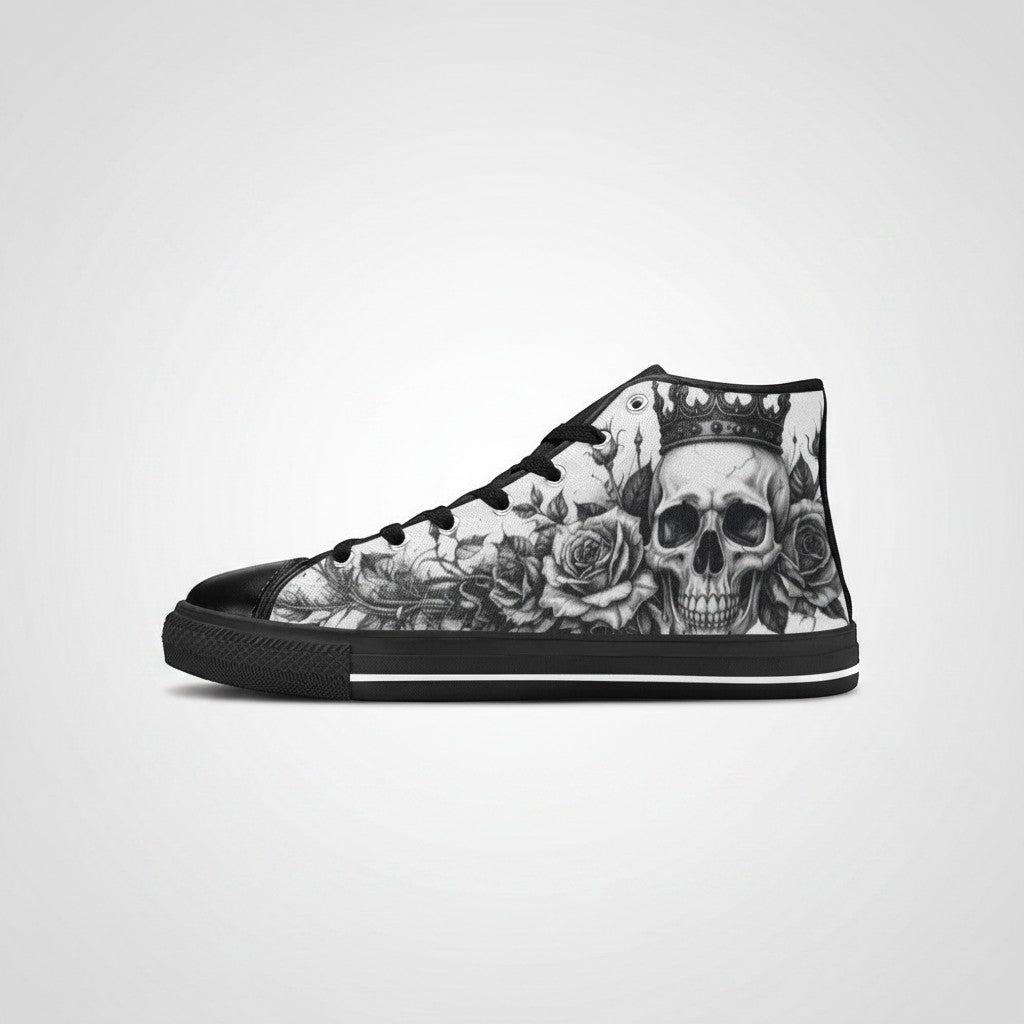 Freaky Shoes® women's high-top canvas sneakers featuring a gothic skull and rose art print with a black rubber sole.