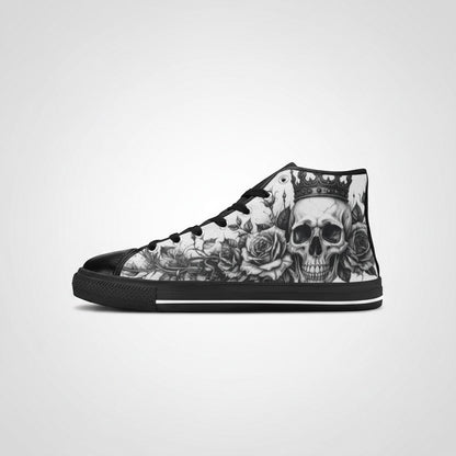 Freaky Shoes® women's high-top canvas sneakers featuring a gothic skull and rose art print with a black rubber sole.