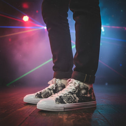 Freaky Shoes® men's high-top canvas sneakers with black and white gothic skull and rose art worn on a dark stage