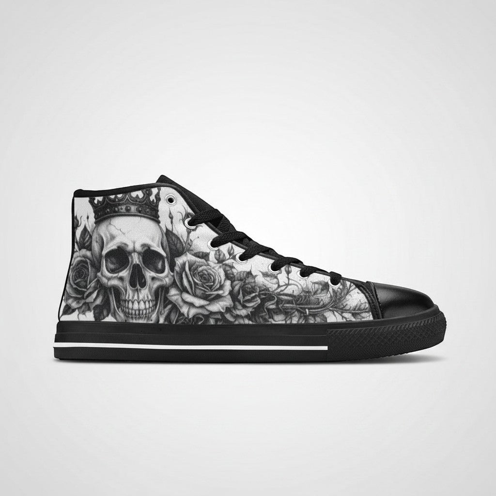 Freaky Shoes® women's gothic high-top canvas sneakers featuring a black and white skull and rose dark art print.