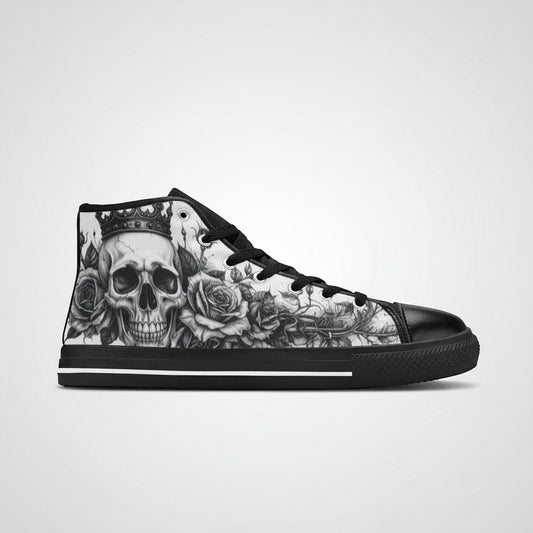 Freaky Shoes® women's gothic high-top canvas sneakers featuring a black and white skull and rose dark art print.