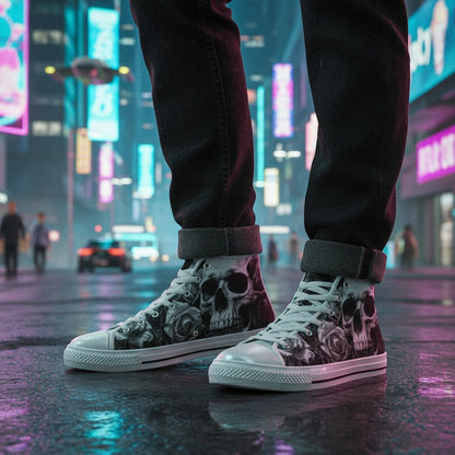 Freaky Shoes® high top canvas sneakers featuring a grey and black gothic skull and rose print on a city street.