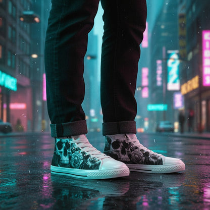 Freaky Shoes® men's gothic high top canvas sneakers featuring a grey and black skull print on a rainy city street.