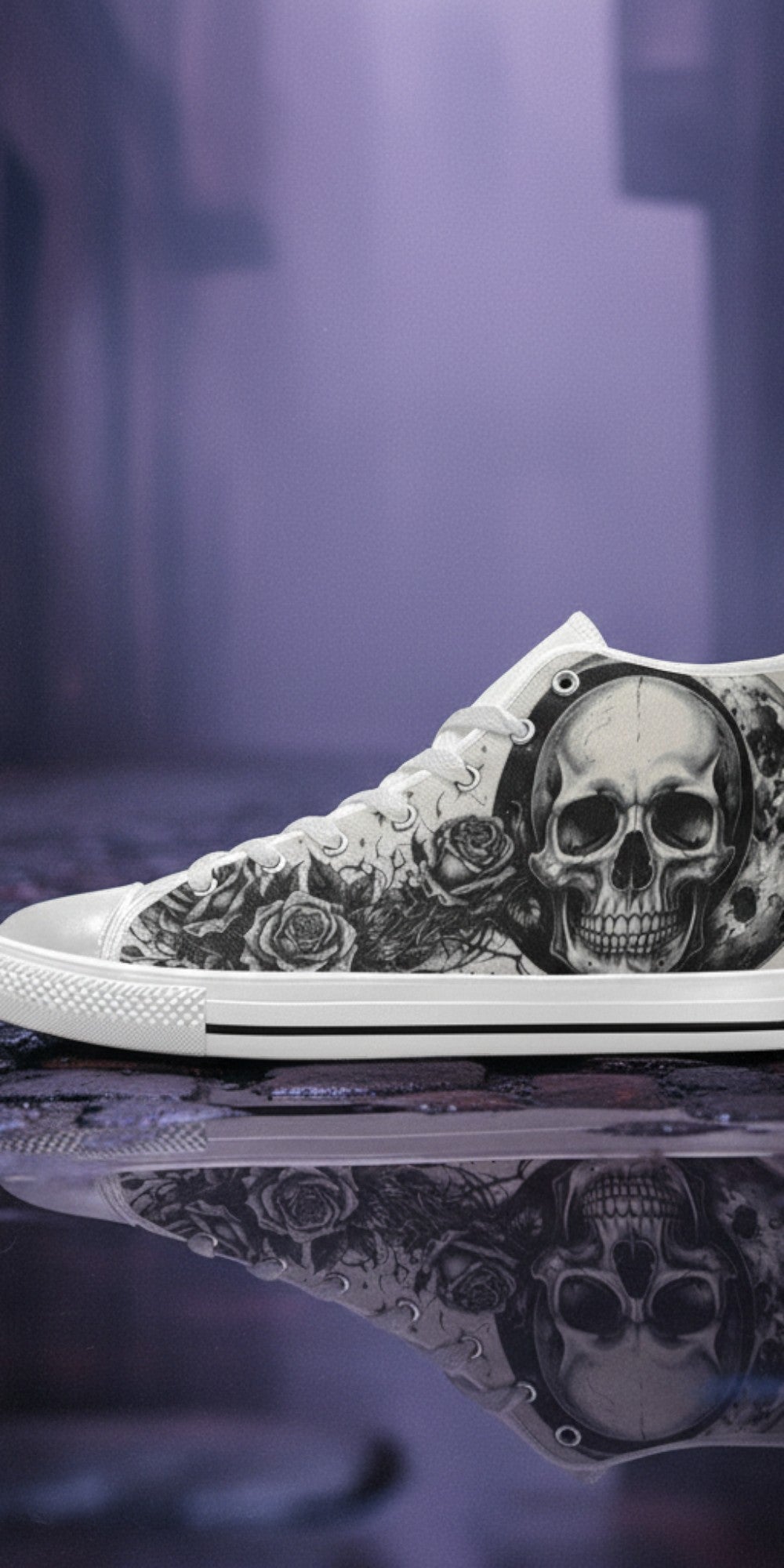 Custom Women's Moon & Skull Dark Art Gothic high-top canvas shoes with bold all-over art — Freaky Shoes