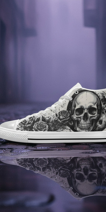 Custom Women's Moon & Skull Dark Art Gothic high-top canvas shoes with bold all-over art — Freaky Shoes