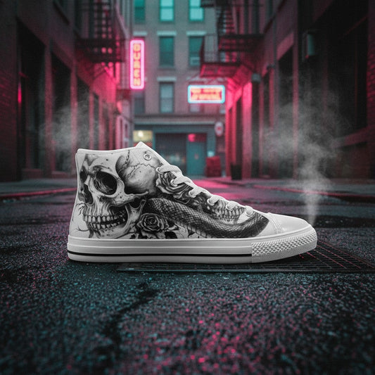 Women's Gothic Skull Dark Art Rose high-top canvas shoes, custom full-wrap printed design — Freaky Shoes