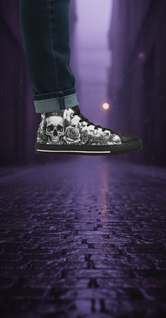 Freaky Shoes® gothic high top canvas sneakers featuring a grey skull and rose print with black rubber soles.