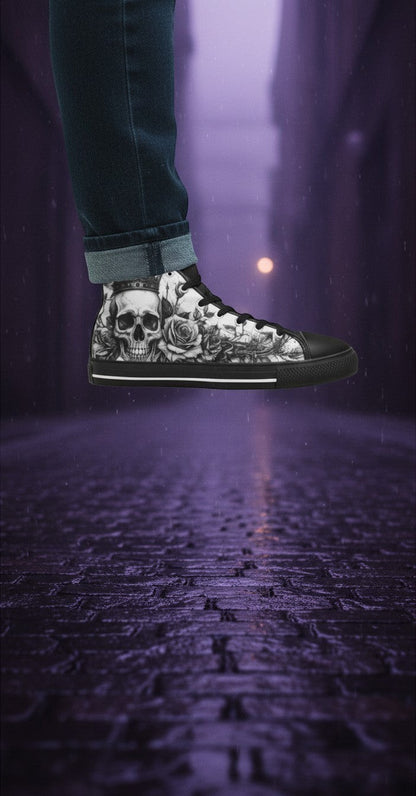 Women's Grey Skull & Roses Gothic custom high-top canvas shoes — wearable art by Freaky Shoes