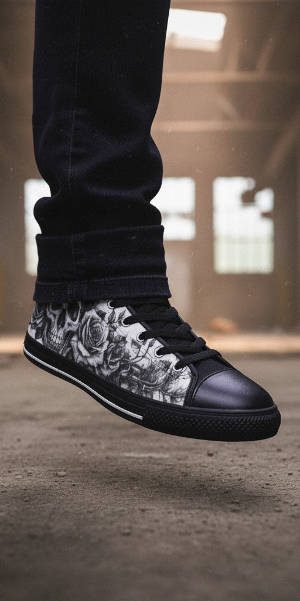 Freaky Shoes® men's gothic high top canvas sneakers featuring a black and white skull and rose art print.