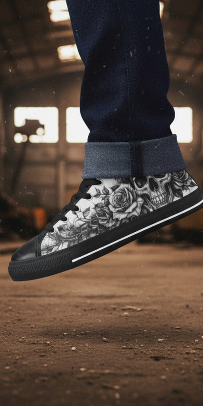 Freaky Shoes® men's gothic high top canvas sneakers featuring a black and white skull and rose print design.