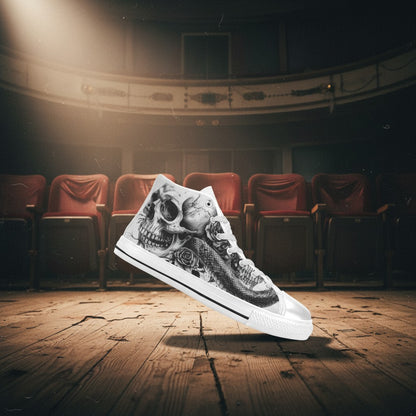 Women's Dark Art Rose Skull Gothic high-top canvas shoes, custom full-wrap printed design — Freaky Shoes