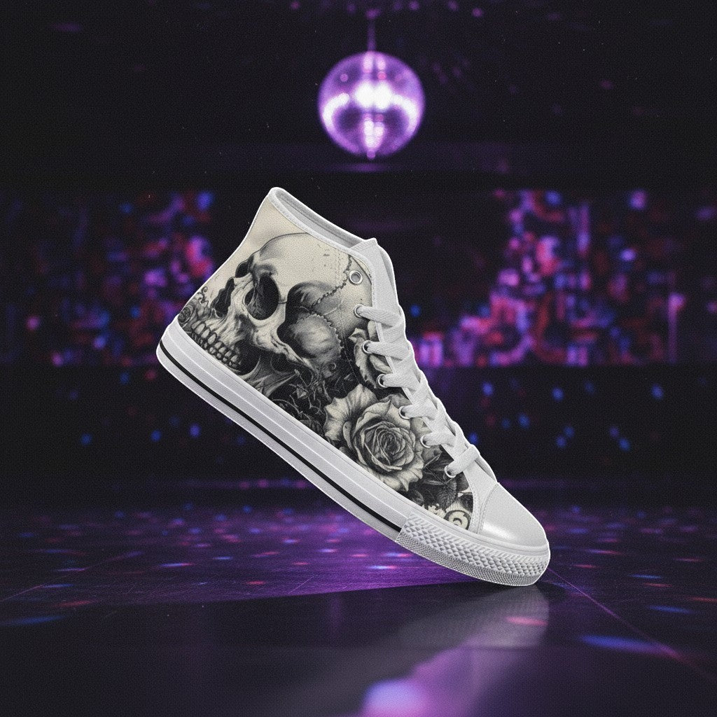 Custom Women's Gothic Skull Art Dark Rose Collection high-top canvas shoes with bold all-over art — Freaky Shoes
