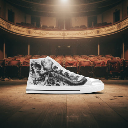 Women's Dark Art Rose Skull Gothic high-top canvas shoes — one-of-a-kind custom printed art, Freaky Shoes