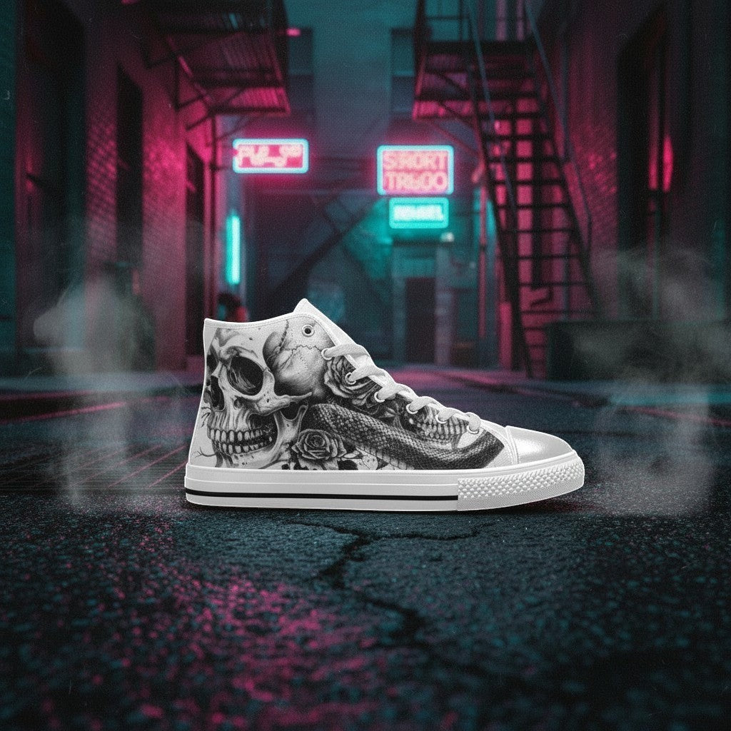 Women's Gothic Skull Dark Art Rose high-top canvas shoes — one-of-a-kind custom printed art, Freaky Shoes