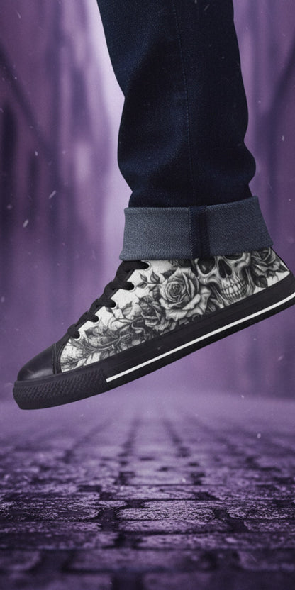 Freaky Shoes® men's gothic high top canvas sneakers featuring a black and white skull and rose art print.