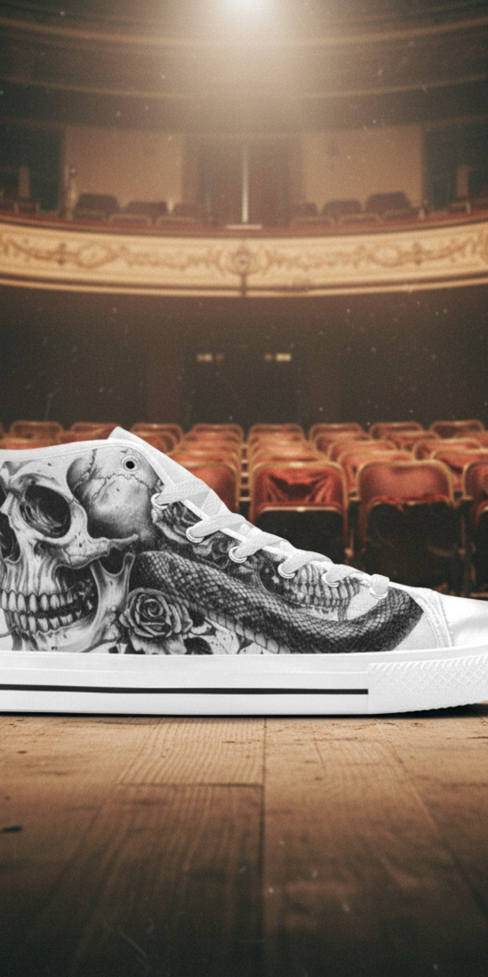 Custom Women's Dark Art Rose Skull Gothic high-top canvas shoes with bold all-over art — Freaky Shoes