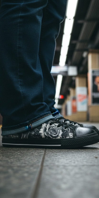 Freaky Shoes® gothic high top canvas sneakers featuring a black and white skull and rose print on a subway platform.