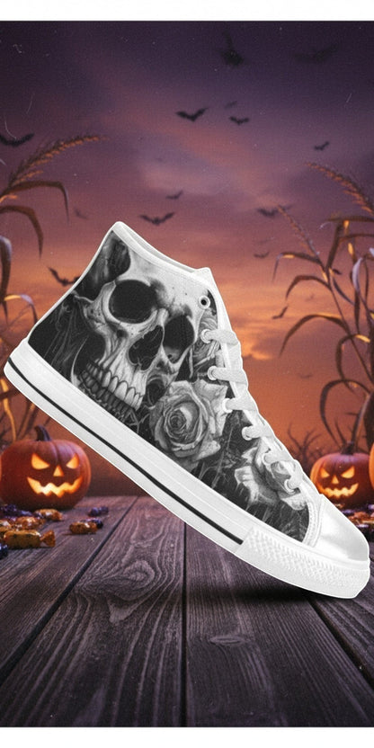 Custom Women's Grey Skull & Dark Rose Gothic high-top canvas shoes with bold all-over art — Freaky Shoes