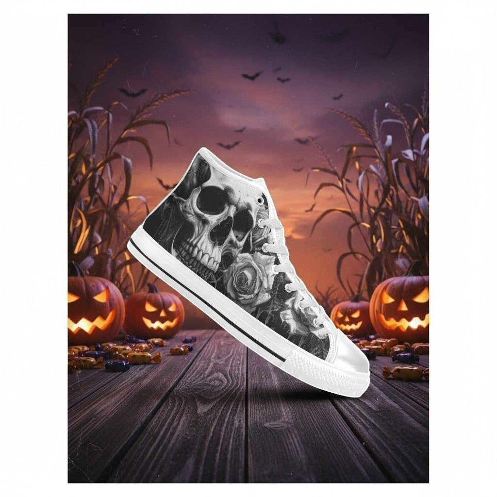 Women's Grey Skull & Dark Rose Gothic high-top canvas shoes, custom full-wrap printed design — Freaky Shoes