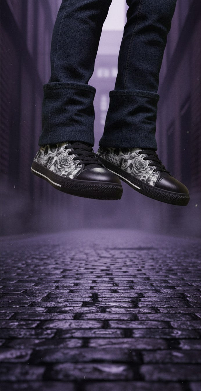 Freaky Shoes® women's gothic canvas sneakers featuring a grey skull and rose print with black rubber outsoles.