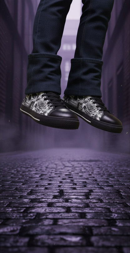 Freaky Shoes® women's gothic canvas sneakers featuring a grey skull and rose print with black rubber outsoles.