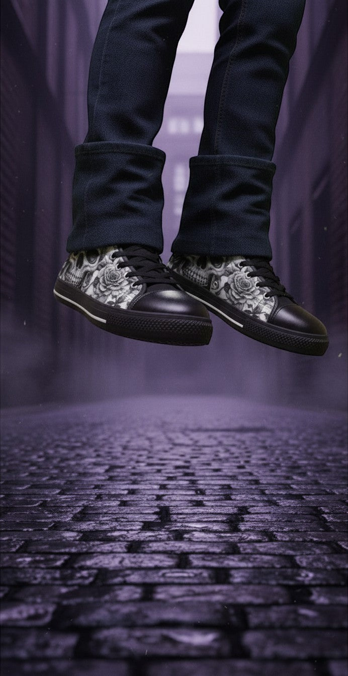 Women's Grey Skull & Roses Gothic high-top canvas shoes — one-of-a-kind custom printed art, Freaky Shoes