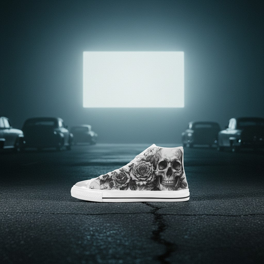 Women's Dark Skull Crown Gothic Dark Art high-top canvas shoes, custom full-wrap printed design — Freaky Shoes
