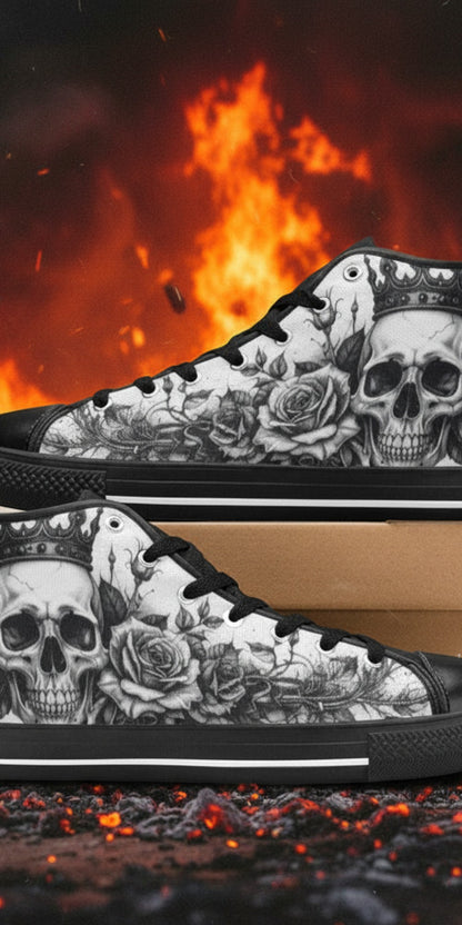 Custom Men's Skull Monochrome Gothic Dark Art high-top canvas shoes with bold all-over art — Freaky Shoes
