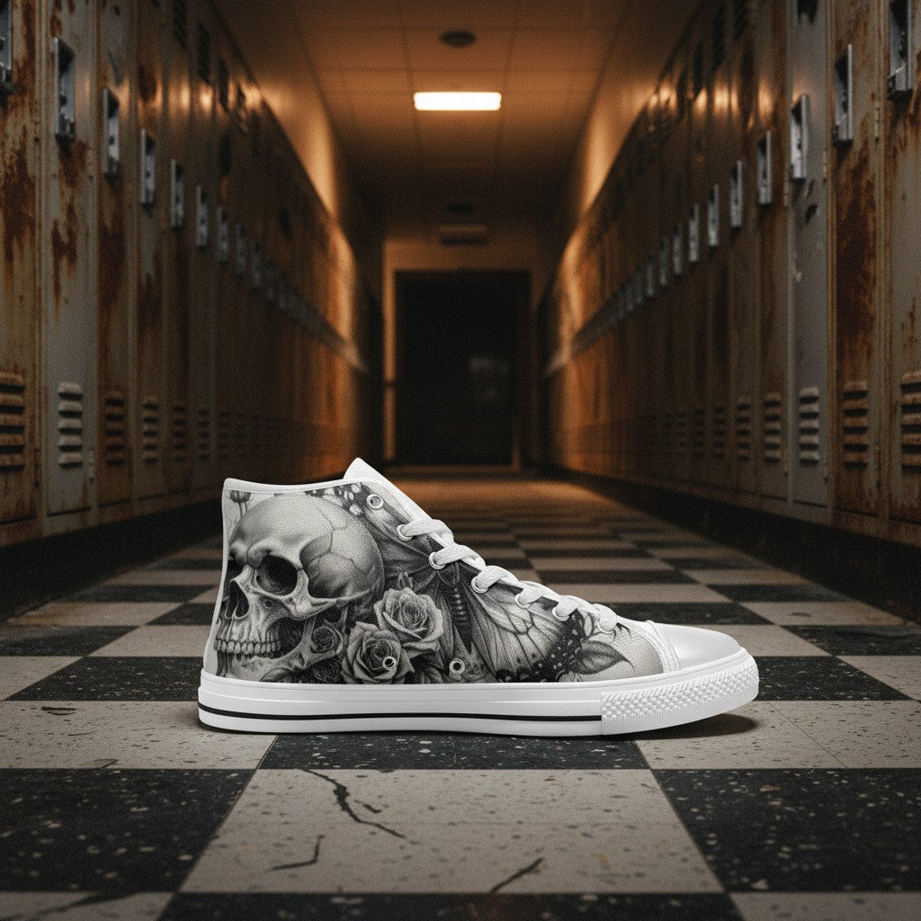 Men's Dark Skull Rose Grey Gothic high-top canvas shoes — one-of-a-kind custom printed art, Freaky Shoes