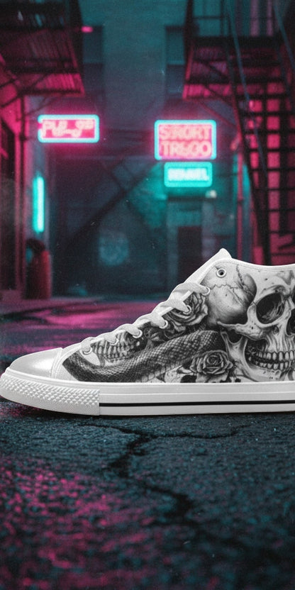 Women's Gothic Skull Dark Art Rose high-top canvas shoes, custom full-wrap printed design — Freaky Shoes