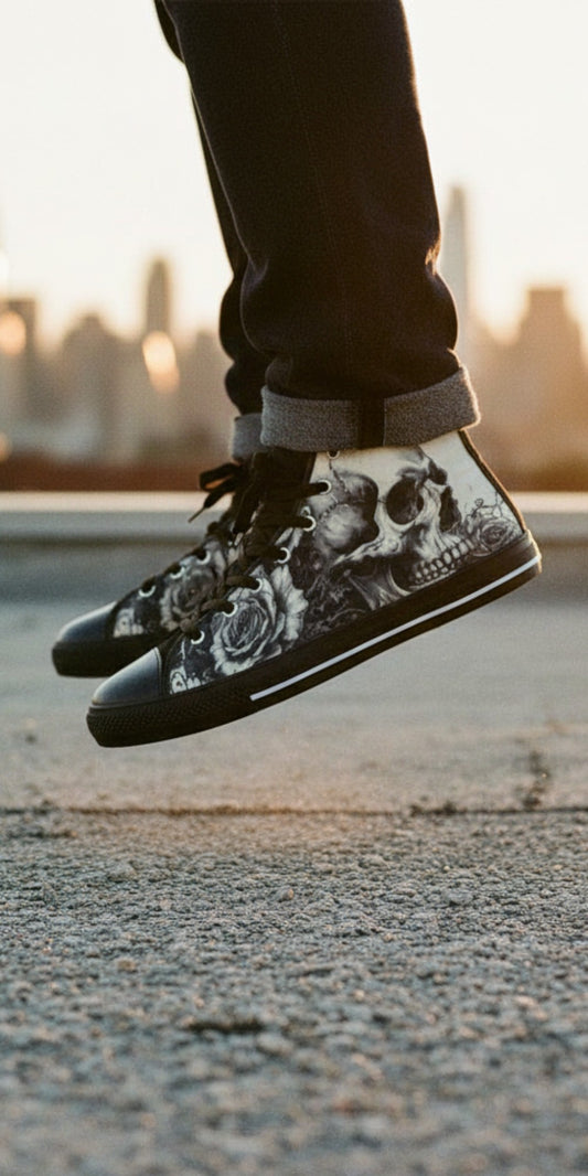 Freaky Shoes® gothic skull and rose print high top canvas sneakers worn by a person jumping on a city rooftop.